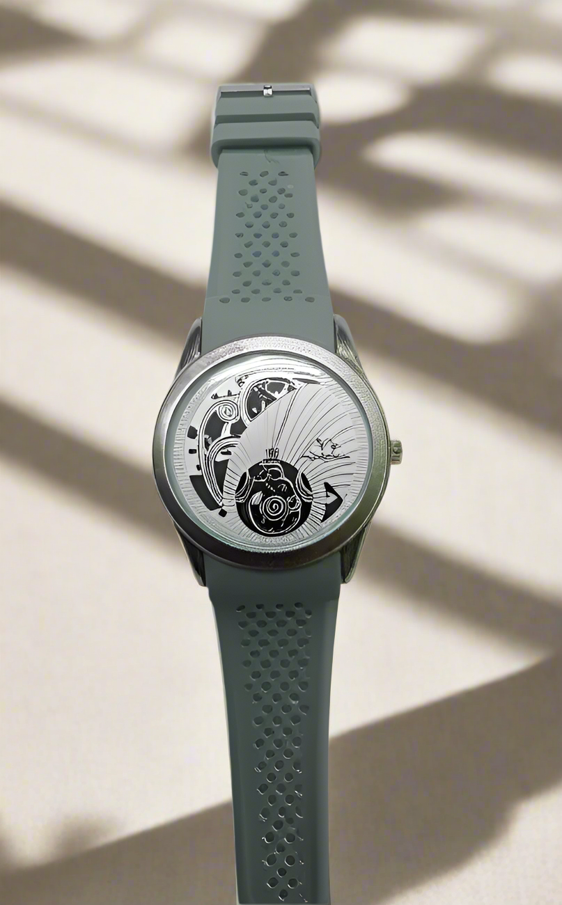 Green watch with a detailed mechanical face on a light gray background